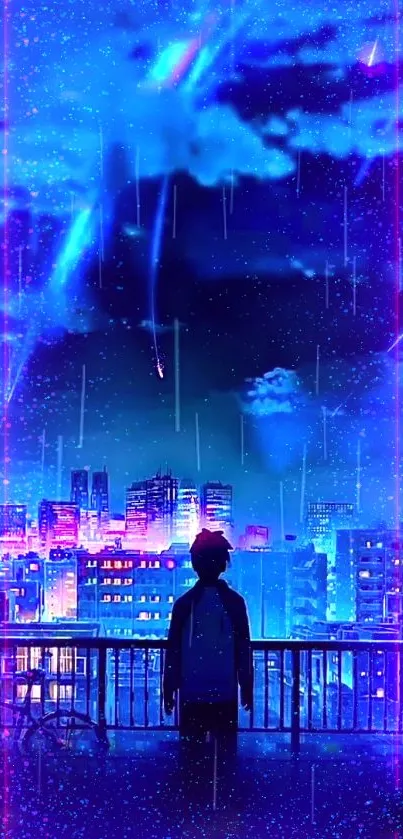 Silhouette in front of neon city skyline at night with vibrant blue hues.