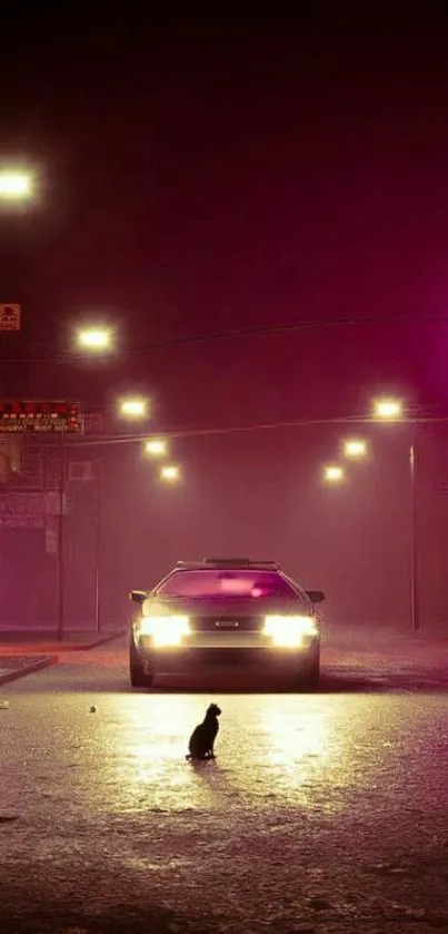 A car under neon lights on an urban night street with a solitary cat.