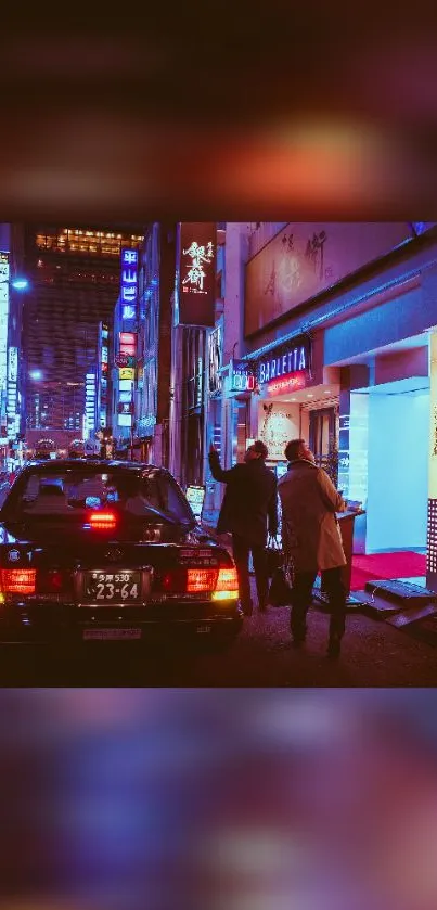 Neon-lit urban night scene with vibrant colors of a bustling city street.