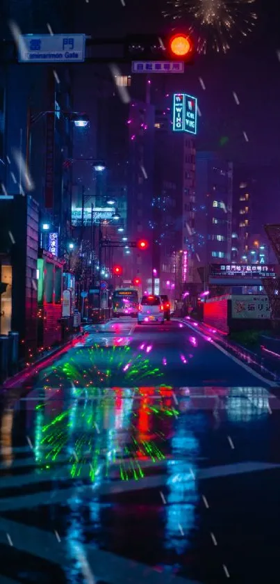 Neon city nightscape with reflections on wet streets.