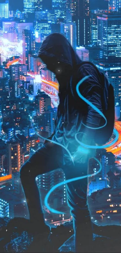 Neon-lit cityscape with hooded figure, vibrant urban skyline.