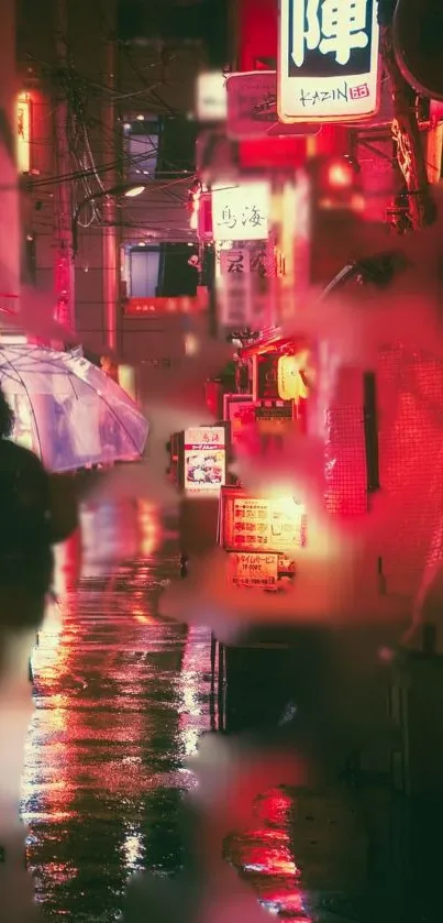 Silhouetted figure with umbrella in neon-lit city alley at night.