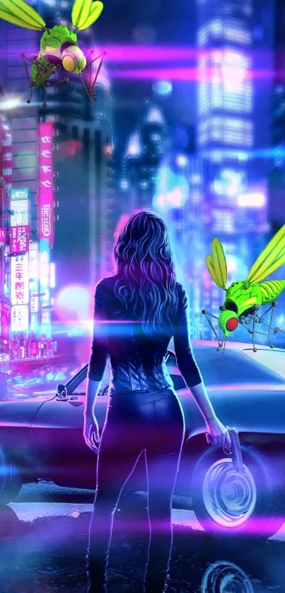 Woman in black standing by car in neon-lit cityscape.