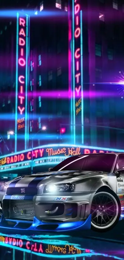 Neon-lit cityscape with a sports car in urban racing theme.