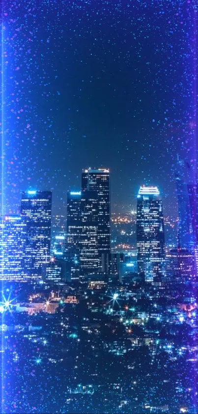 Futuristic neon city skyline with vibrant blue lights.