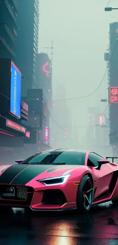 Neon-lit sports car in futuristic cityscape.