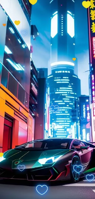 Sleek sports car in neon-lit cityscape at night.