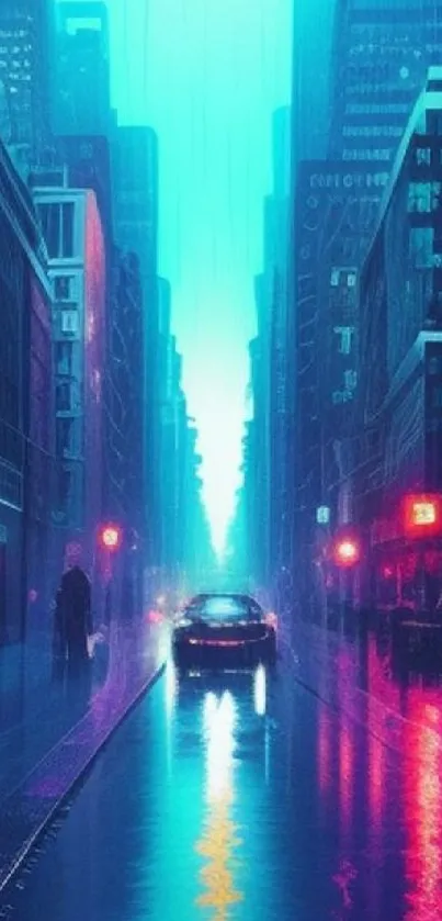 Neon-lit city street at night with rain reflecting vibrant lights.