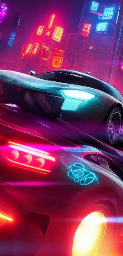 Dynamic neon city street with futuristic racing cars in vibrant colors.