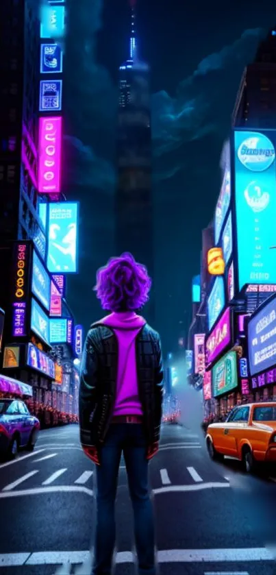 Person standing in neon-lit city street at night.