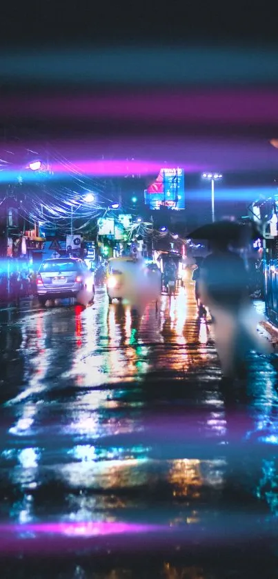 Neon-lit city street at night with reflections on wet pavement.