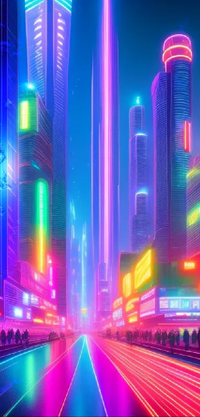Futuristic city street at night with neon lights and skyscrapers.