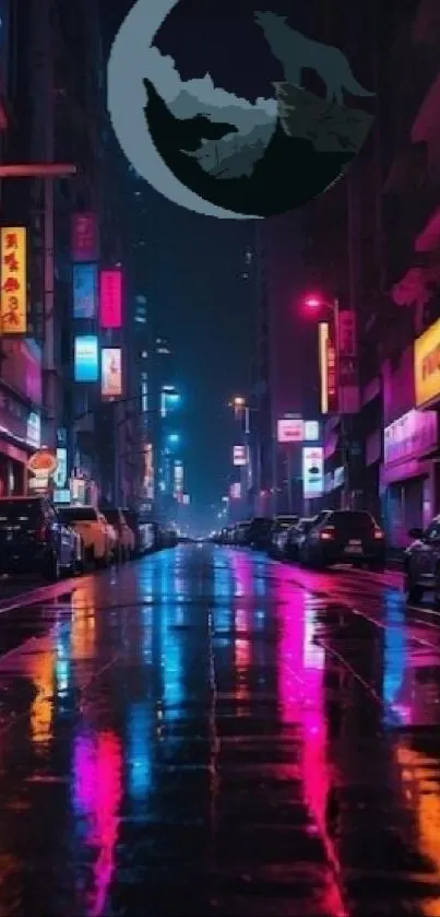 Vibrant city street with neon lights reflecting on wet pavement at night.