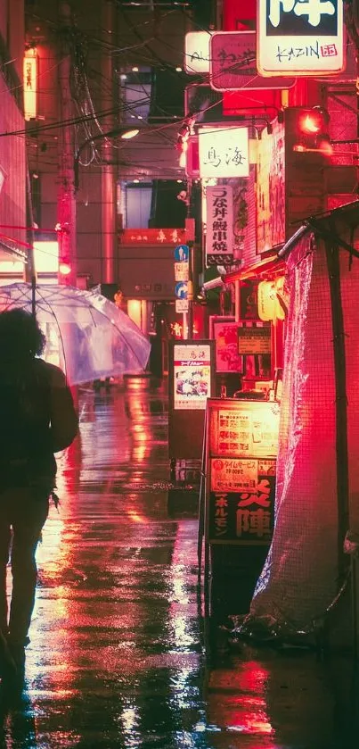 A person walks down a neon-lit city street at night with reflections from the rain.