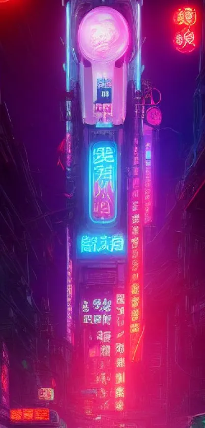 Neon-lit city street with vibrant urban signs and a futuristic atmosphere.