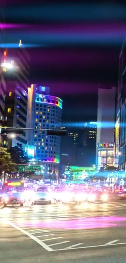 Night city with colorful neon lights and vibrant streets.