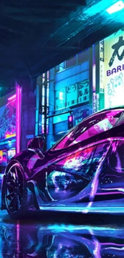 Sleek supercar in a neon-lit cityscape, futuristic vibes.