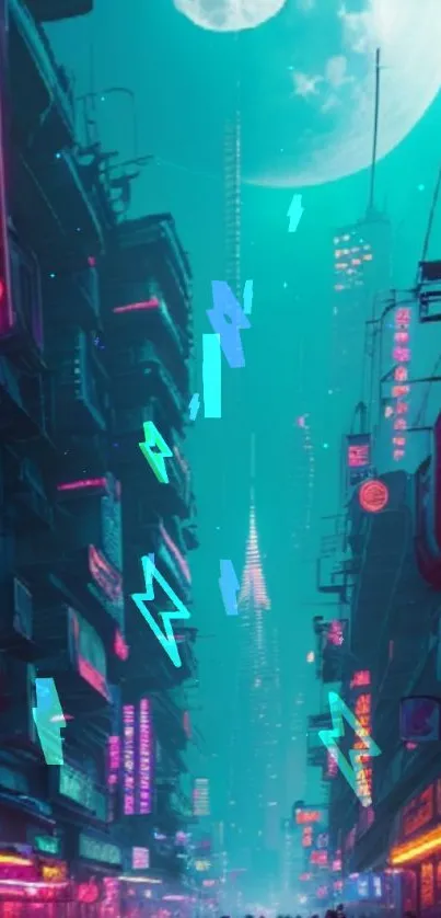 Futuristic neon cityscape under a full moon with vibrant teal and pink lights.