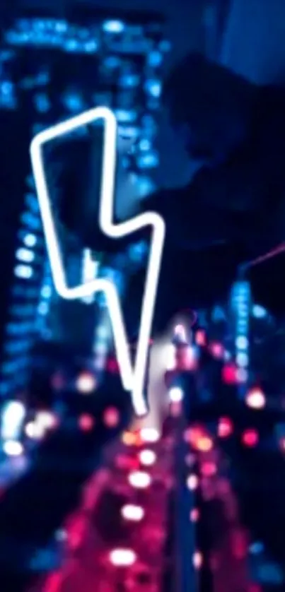 Neon blue and pink cityscape wallpaper with a lightning bolt design.