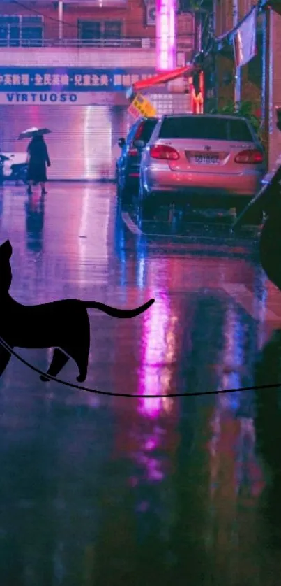 Neon-lit city street at night with cat silhouette and reflections.