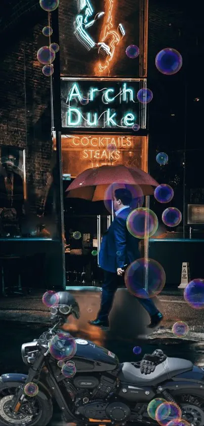 Neon city street with motorcycle and bubbles.