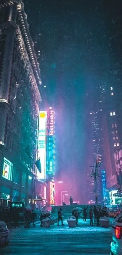 Neon-lit city street at night with glowing buildings and a vibrant urban atmosphere.