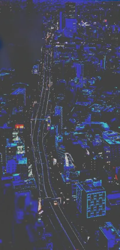 Nighttime cityscape with neon blue lights.