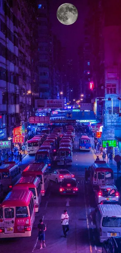 Neon city street with full moon over vibrant urban scenery.