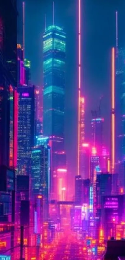 Futuristic neon cityscape with glowing skyscrapers at night.