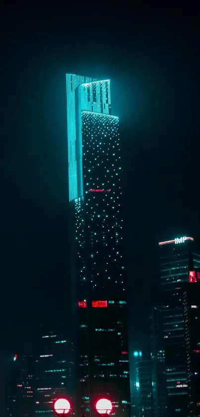 A vibrant neon cityscape with skyscrapers at night.