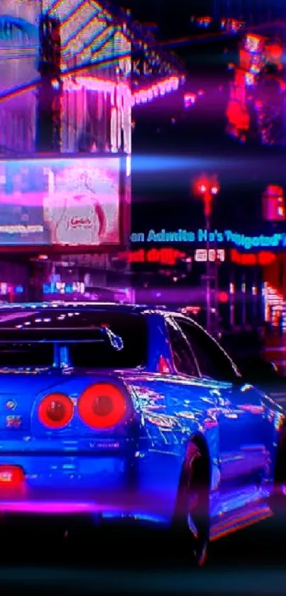 Sportscar in neon-lit cityscape at night.