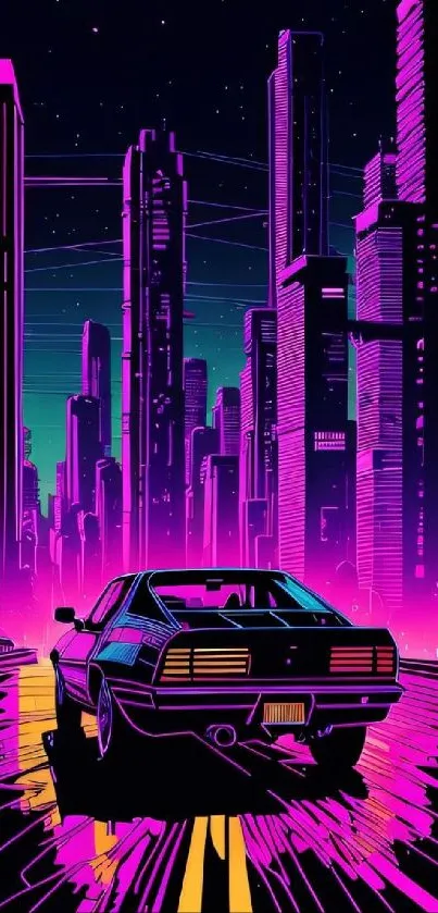 Futuristic neon cityscape with car in vibrant colors