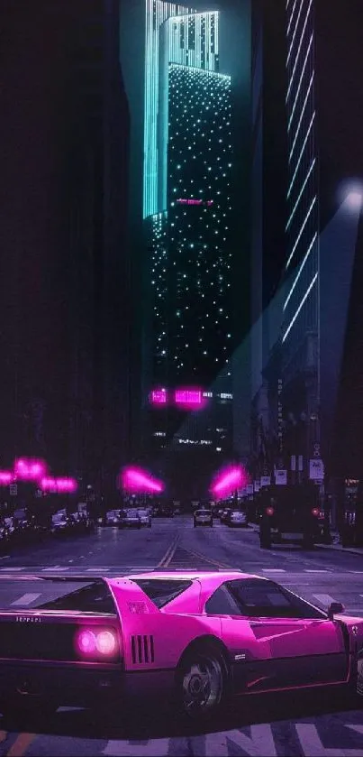 Neon-lit city street with stylish car, perfect for wallpaper.