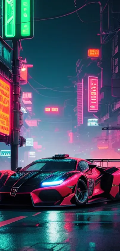 Sleek sports car in neon cityscape with vibrant lights.