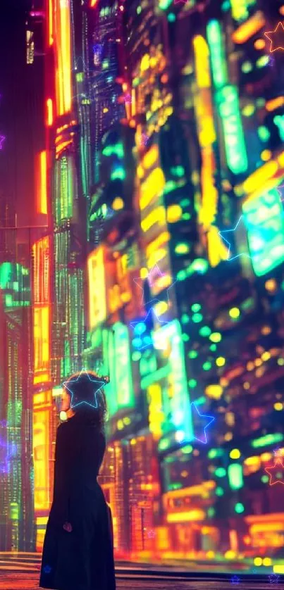 Futuristic neon cityscape with silhouette figure.