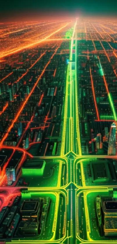 Futuristic neon cityscape with vibrant green and orange lights.