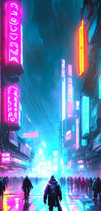 Neon cityscape with glowing signs and bustling streets, perfect for mobile wallpaper.