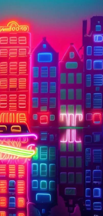 Vibrant neon cityscape wallpaper with glowing skyscrapers.