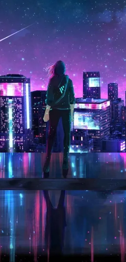 Neon cityscape with silhouetted figure facing skyscrapers under a starry sky.