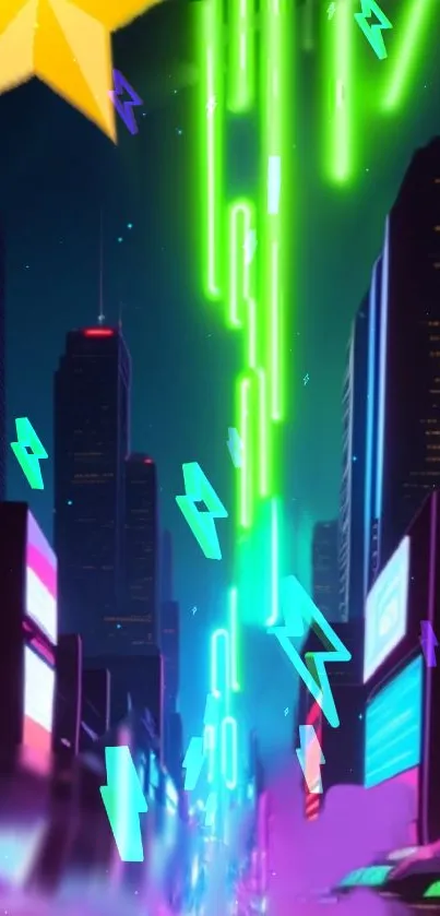 Futuristic neon cityscape with glowing lights.