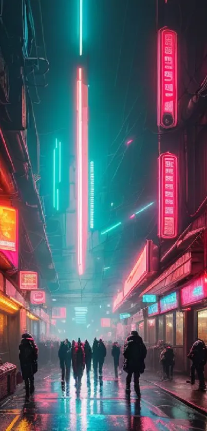 Futuristic neon-lit city street with vibrant colors.