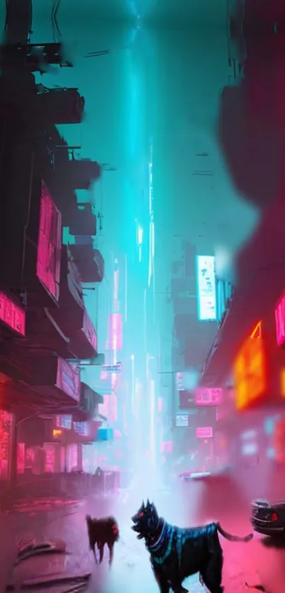 Futuristic neon cityscape with glowing signs.