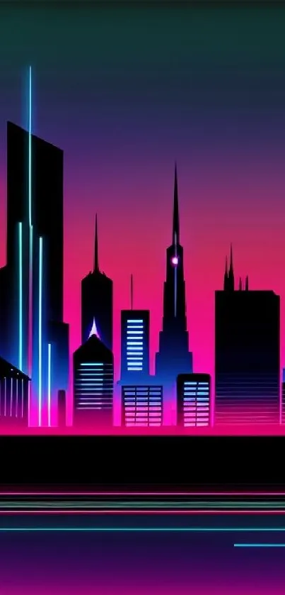 Neon cityscape wallpaper with vibrant skyscrapers against a twilight sky.