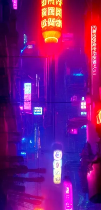 Neon cityscape with vibrant pink and blue lights illuminating urban street signs.