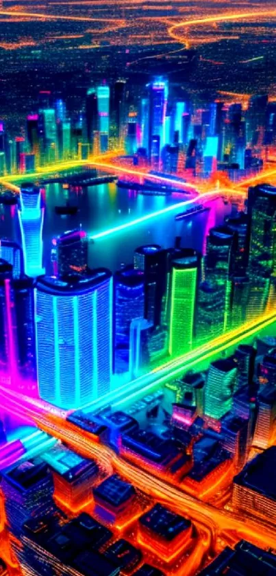 Futuristic neon cityscape with vivid urban colors.