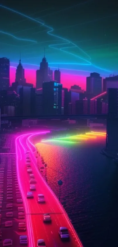 Vibrant neon cityscape at night with glowing pink and green lights.