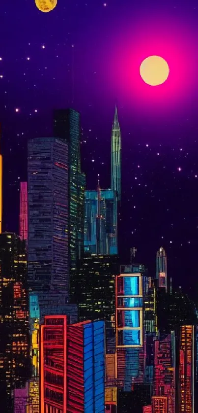 Vibrant neon cityscape with a starry night sky.