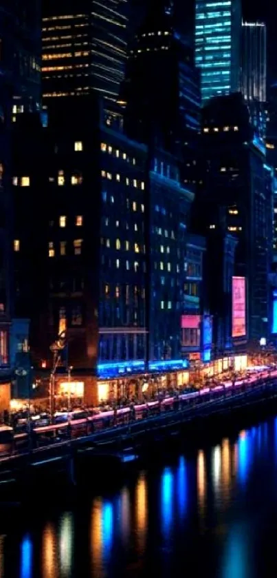 Night view of a neon-lit cityscape reflecting on water.