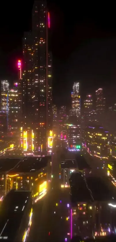 Neon-lit cityscape at night with tall buildings and bright lights.