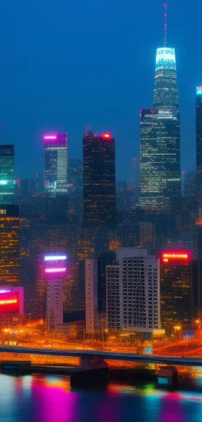 Vibrant neon-lit city skyline at night.